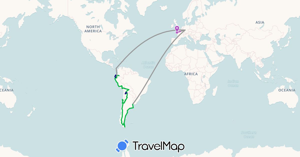 TravelMap itinerary: driving, bus, plane, train, boat in Argentina, Bolivia, Chile, Germany, Ecuador, France, Panama, Peru (Europe, North America, South America)